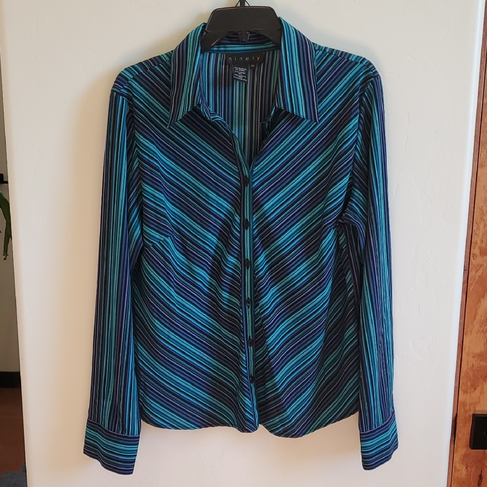 Women's Blue Striped Button Down Shirt